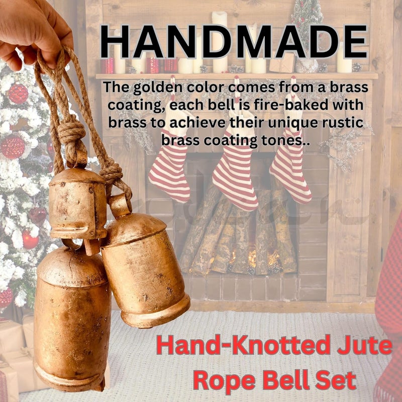 ALADEAN Rustic Harmony Cow Bells Decorative Set of 3 Christmas Bell Large Vintage Golden Cow Bell Brass Coated Country Bells Wall Hanging Cowbell Lucky Charm (3"-4"-5") - Image 4